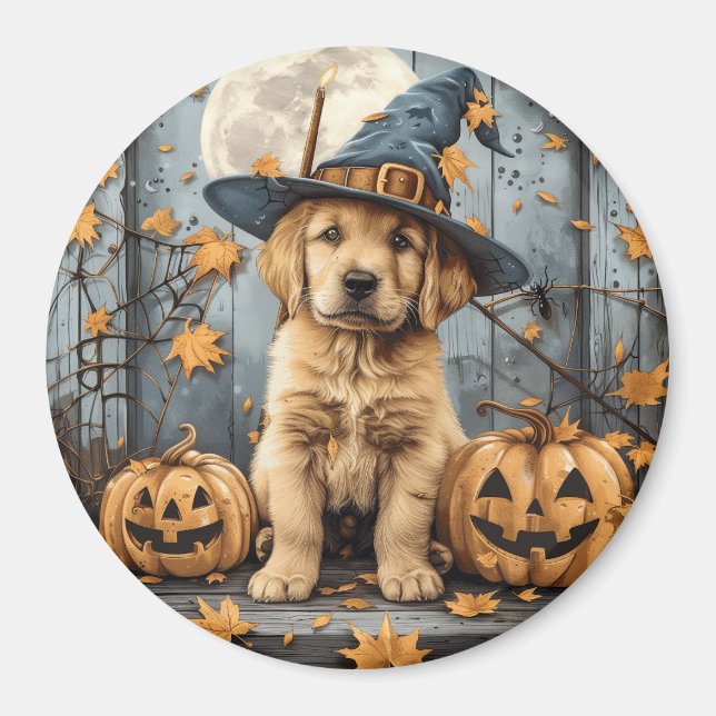 Imã Cachorro Golden Retriever de Halloween com Abóbora (Frente)