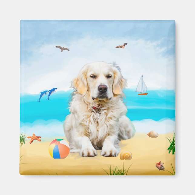 Imã Cachorro Golden Retriever na Praia (Frente)