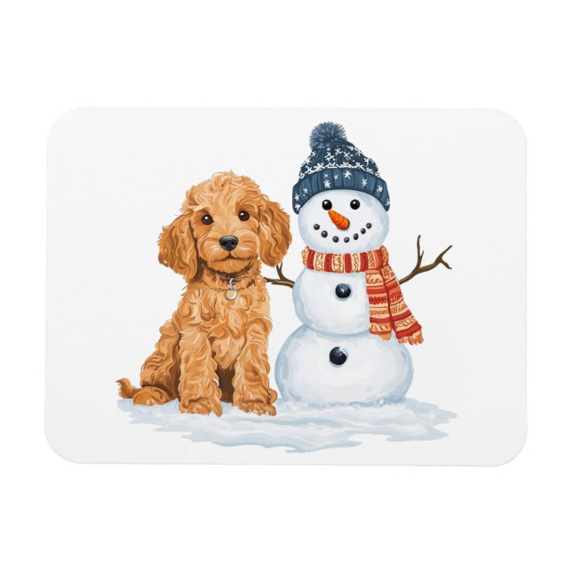 Ímã Cachorro Goldendoodle de Inverno Boneco de Neve Fo (Horizontal)
