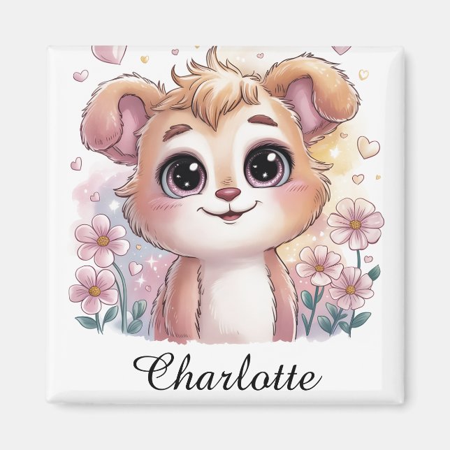 Imã Cachorro Kawaii com Flores da Primavera e Corações (Frente)