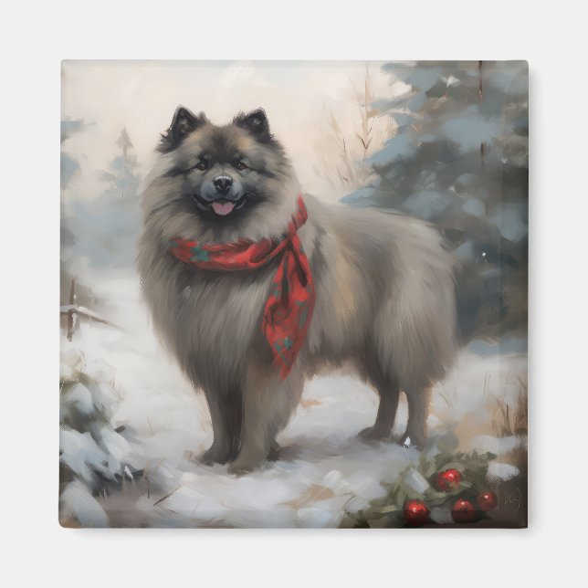 Imã Cachorro Keeshond no Natal da Neve (Frente)