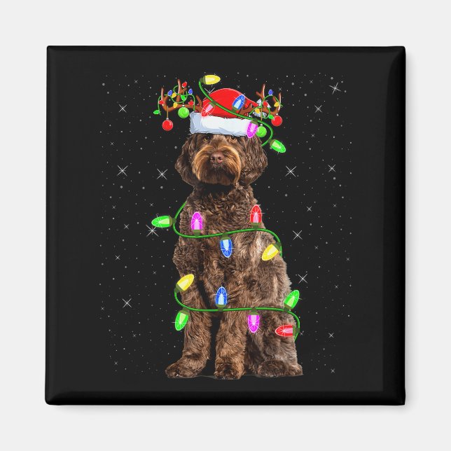 Imã Cachorro Labradoodle Iluminação de Natal Papai Noe (Frente)