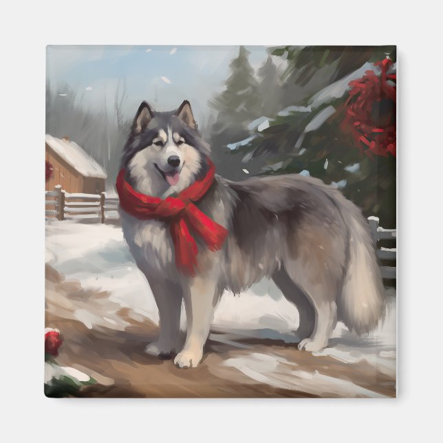 Imã Cachorro Malamute do Alasca na Neve Natal (Frente)