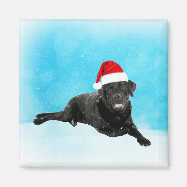 Imã Cachorro Negro Sentado no Natal da Neve (Frente)