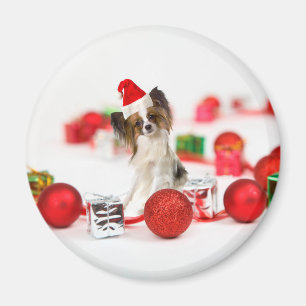 Imã Cachorro Papillon Fofo Chapéu de Natal do Papai No