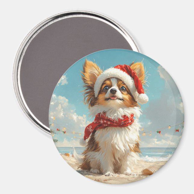 Imã Cachorro Papillon Natal Vintage Praia (Front/Back)