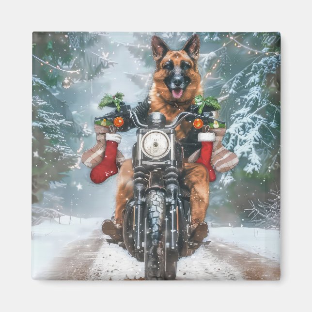Imã Cachorro Pastor Alemão Pilotando Moto Natal  (Frente)
