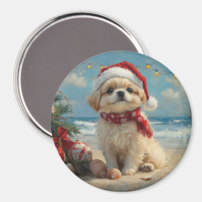 Imã Cachorro Pequinês Natal Vintage Praia (Front/Back)