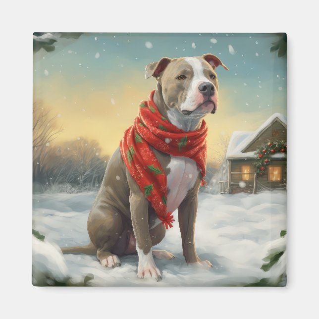 Imã Cachorro Pitbulento no Natal da Neve (Frente)