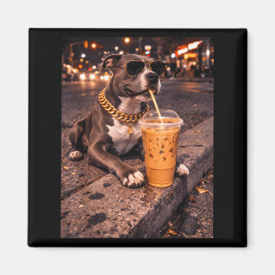 Imã Cachorro Pitbull Engraçado e Legal Bebendo Café Ge