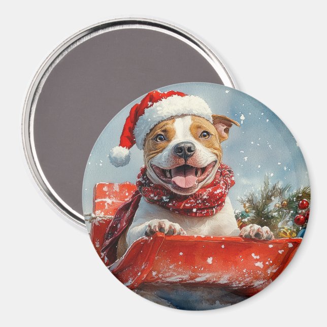 Imã Cachorro Pitbull no Trenó Deixe Nevar Natal (Front/Back)