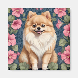 Imã Cachorro Pomerano Cachorro Com Petunias Rosa