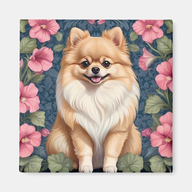 Imã Cachorro Pomerano Cachorro Com Petunias Rosa (Frente)