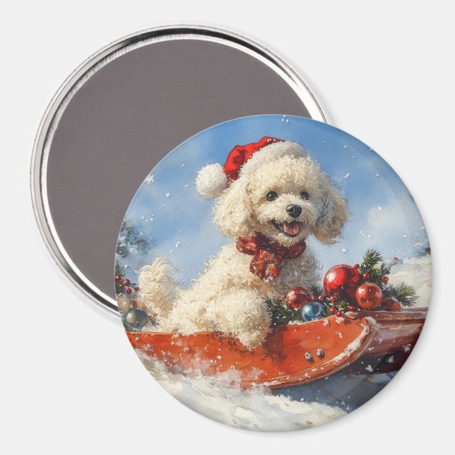 Imã Cachorro Poodle no Trenó Deixe Nevar Natal (Front/Back)