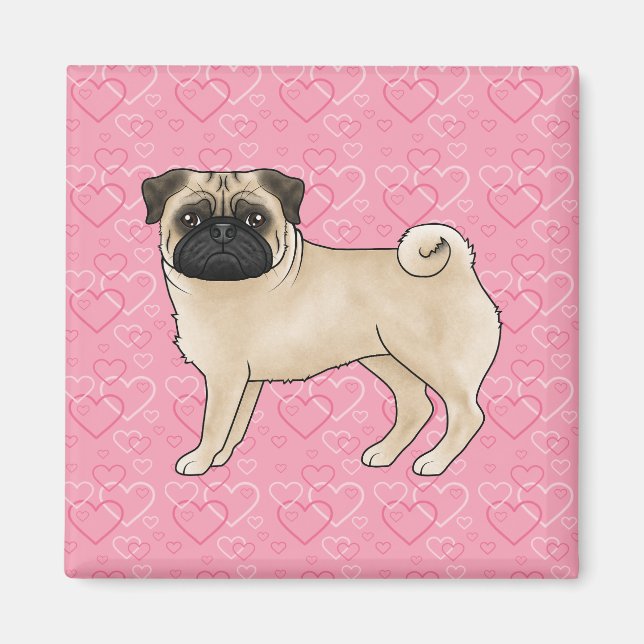 Imã Cachorro Pug Fawn Cartoon Padrão de Coração Rosa d (Frente)