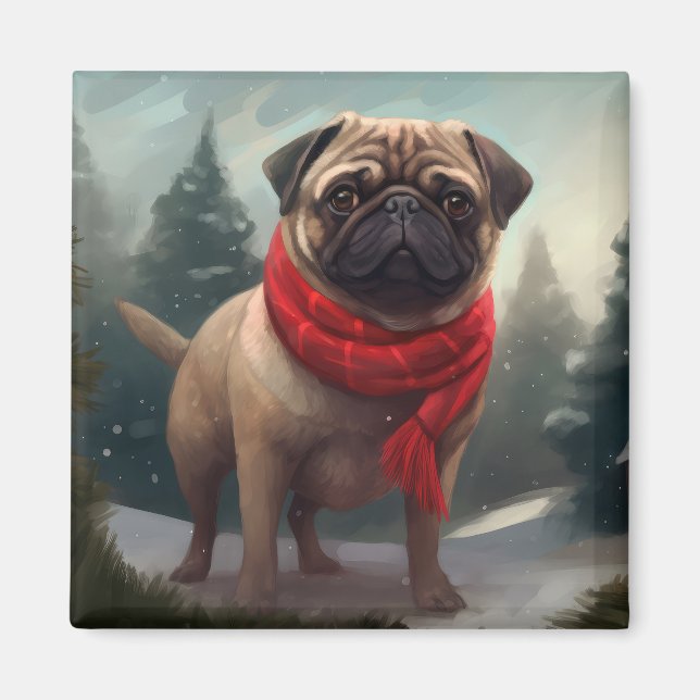 Imã Cachorro Pug na Neve Natal (Frente)