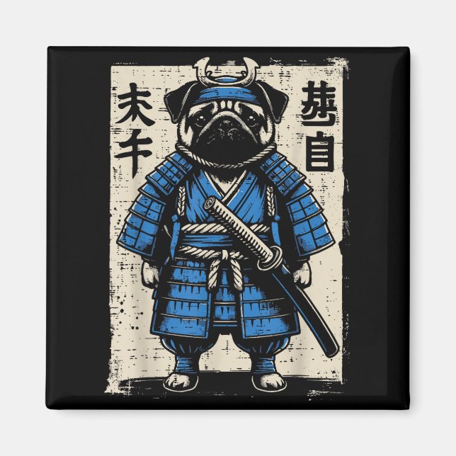 Imã Cachorro Pug Samurai Engraçado Guerreiro Japonês A (Frente)
