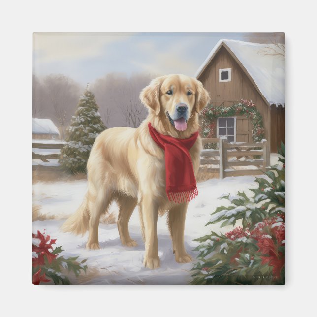 Imã Cachorro Retriever Dourado na Neve Natal  (Frente)