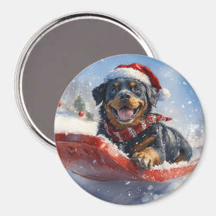 Imã Cachorro Rottweiler em Trenó Deixe Nevar Natal