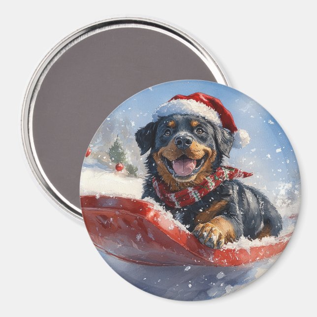 Imã Cachorro Rottweiler em Trenó Deixe Nevar Natal (Front/Back)