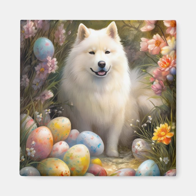 Imã Cachorro Samoyed com Feriado de Ovos de Páscoa (Frente)