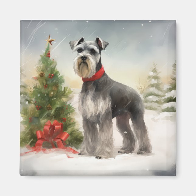 Imã Cachorro Schnauzer na Neve Natal (Frente)