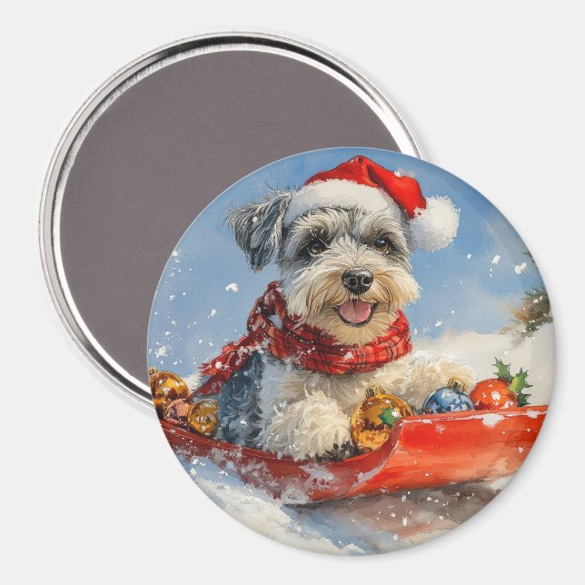 Imã Cachorro Schnauzer no Trenó Deixe Nevar Natal (Front/Back)