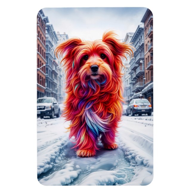 Ímã Cachorro sem-teto em neve fria e noite urbana (Vertical)