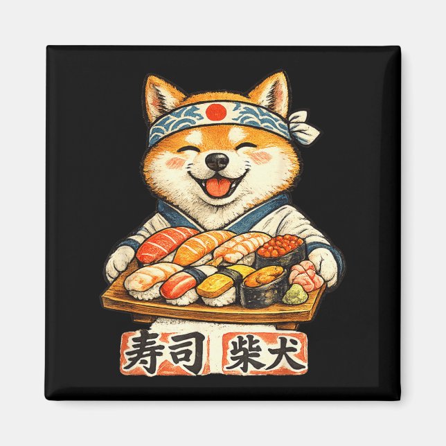 Imã Cachorro shiba inu engraçado comendo sushi comida  (Frente)