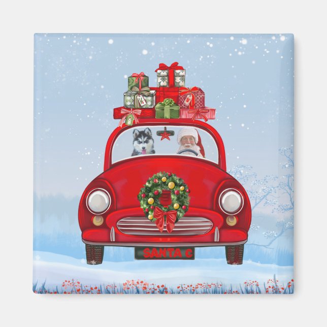 Imã Cachorro Siberiano Husky No Carro Com Papai Noel (Frente)