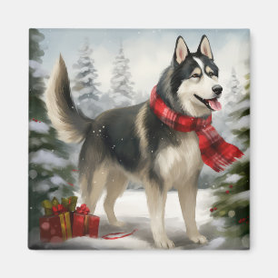 Imã Cachorro Siberiano Husky no Natal da Neve