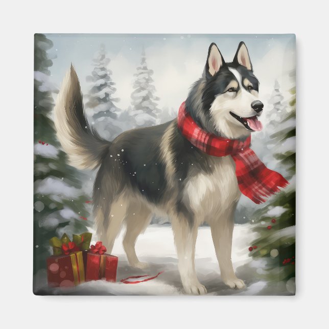 Imã Cachorro Siberiano Husky no Natal da Neve (Frente)