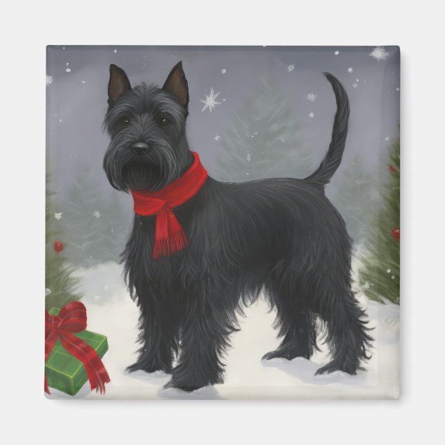 Imã Cachorro Terrier Escocês na Neve Natal (Frente)