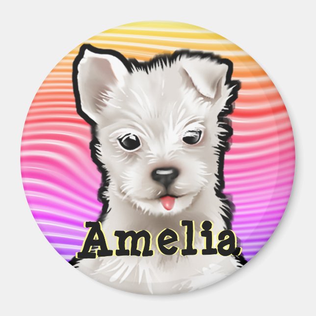 Imã Cachorros de arco-íris redondos personalizados. (Frente)