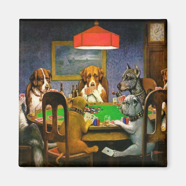 Imã Cachorros Vintage Engraçados Jogando Poker (Frente)