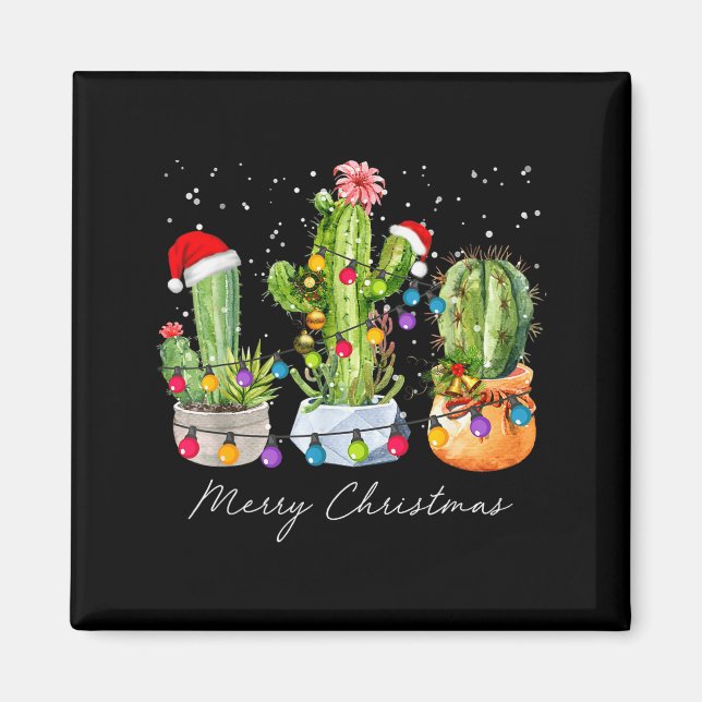 Imã Cactus Christmas Xmas Trees Lights Santa Hat Cactu (Frente)