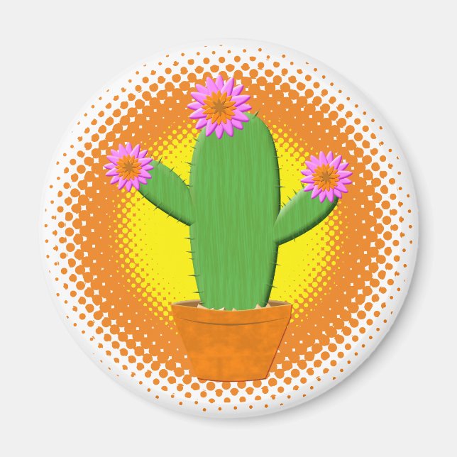 Imã Cactus De Cartoon Gelado Com Flores Rosa (Frente)