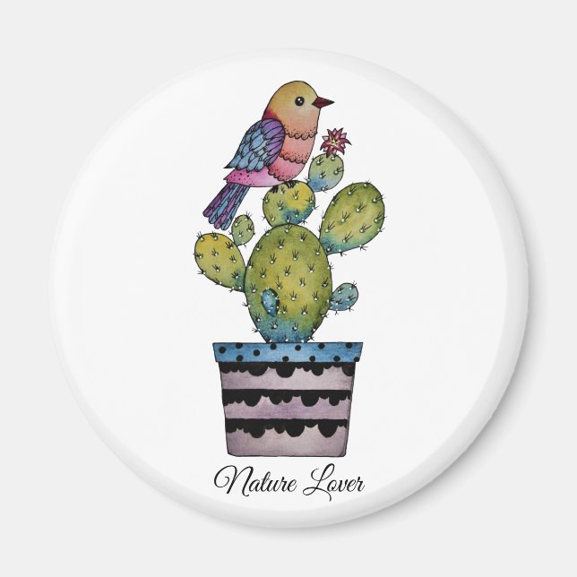 Imã Cactus E Ave Arco-Íris Em Aquarela (Frente)