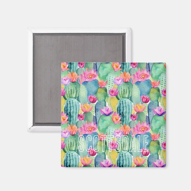 Imã Cactus Flower LOCATION Watercolor Art Desert (Front/Back)