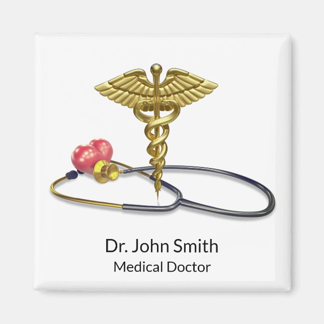Imã Caduceu Médico Dourado & Estetoscópio com Coração (Frente)