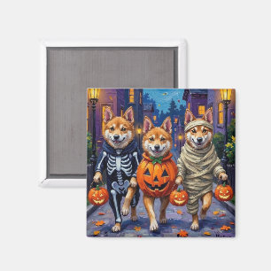 Imã Cães Akita Fazendo Trick-or-Treat em Fantasias de
