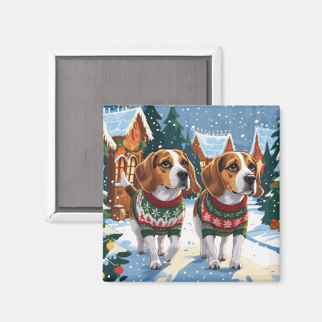 Imã Cães Beagle Natal Neve Férias (Front/Back)