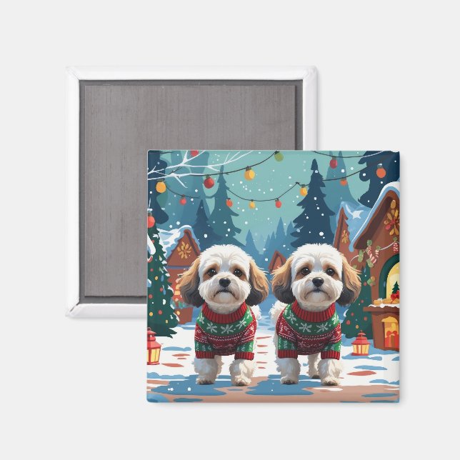 Imã Cães Bichon Frise Natal Neve Férias (Front/Back)