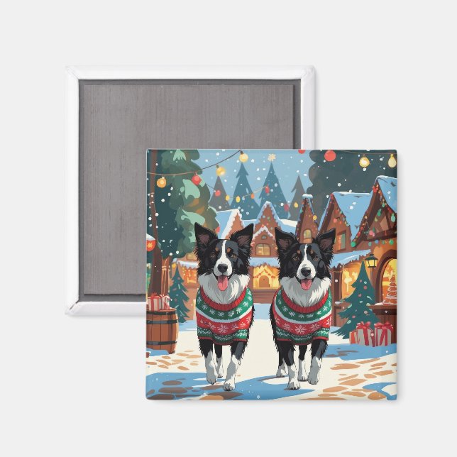 Imã Cães Border Collie Natal Neve Feriado (Front/Back)