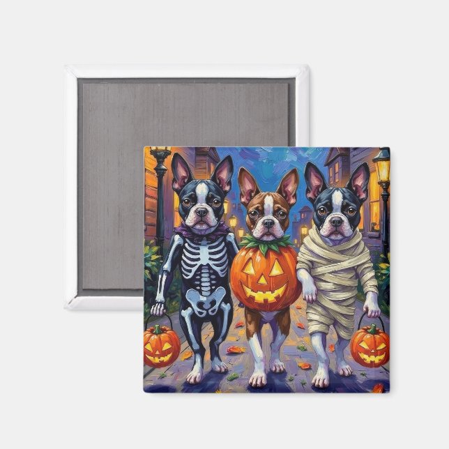 Imã Cães Boston Terrier fazendo Trick-or-Treating no H (Front/Back)
