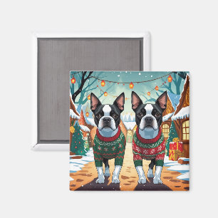 Imã Cães Boston Terrier Natal Neve Férias