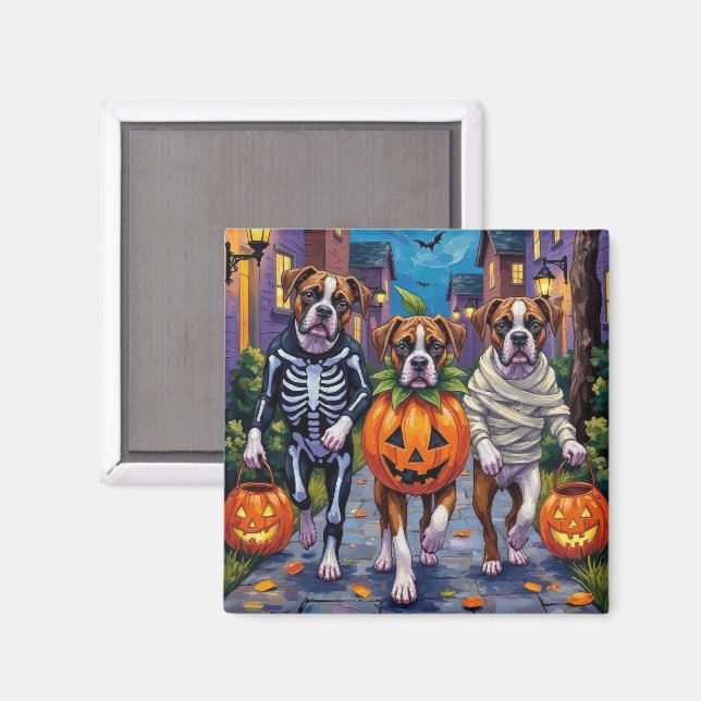 Imã Cães Boxer Pedindo Doces ou Travessuras em Fantasi (Front/Back)