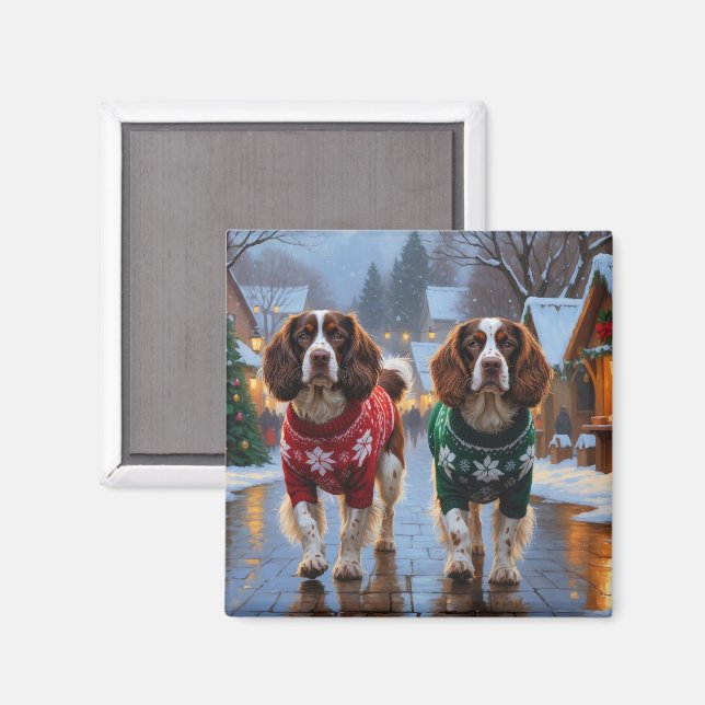 Imã Cães Brittany Spaniel Natal Neve Férias (Front/Back)