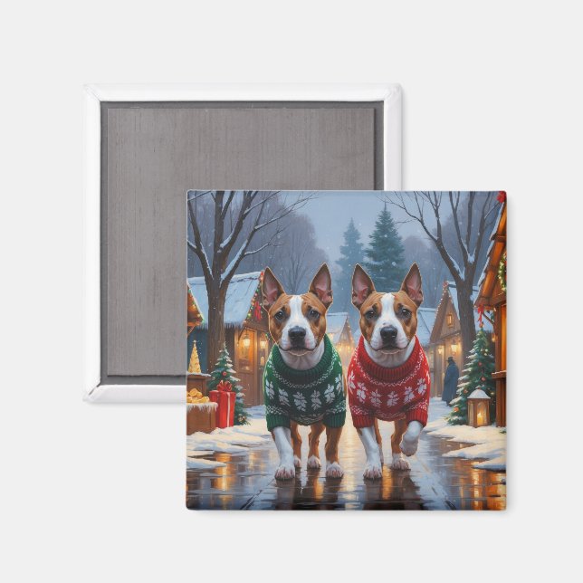 Imã Cães Bull Terrier Natal Neve Férias (Front/Back)