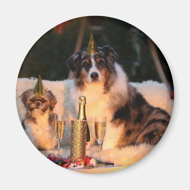 Imã Cães Celebrando Ano Novo (Frente)